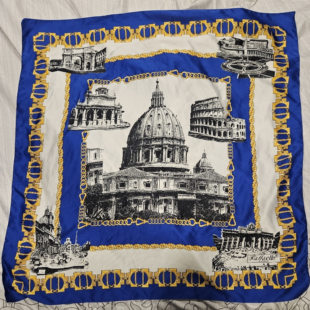 Raffaello Roma Satin Feel Blue Gold White Rome Pattern Large Scarf 34" Square